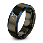 couples matching tungsten rings – gunmetal & blue tungsten airplane dotted path ring
