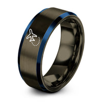 couples matching tungsten rings – gunmetal & blue tungsten airplane dotted path ring