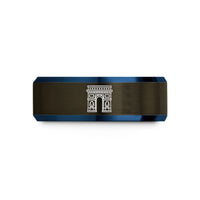engraved tungsten wedding bands – gunmetal & blue tungsten arc de triomphe wedding band