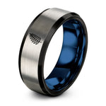 comfort fit ring for him – black & blue & gray tungsten fern leaf ring