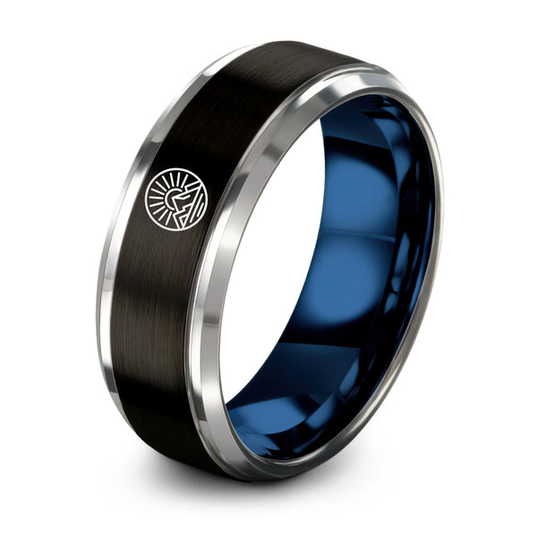 Sunrise Mountains – Tungsten Wedding Band, 8 mm, Black, Blue Comfort-Fit Unisex