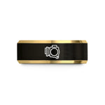 custom engraved mens band – black & gold tungsten throttle wedding band