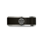 women's tungsten wedding band – black & gray tungsten globe grid wedding band