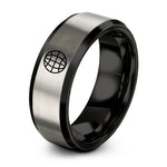 women's tungsten wedding band – black & grey tungsten globe grid ring