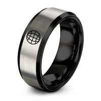 women's tungsten wedding band – black & grey tungsten globe grid ring