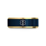 engraved couples ring set – gold & blue tungsten life ems wedding band