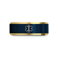 engraved couples ring set – gold & blue tungsten life ems wedding band