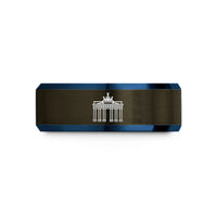matching couple rings – gunmetal & blue tungsten brandenburg gate wedding band