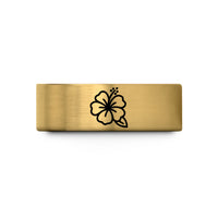 custom engraved tungsten ring – gold tungsten hibiscus flower wedding band