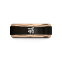 comfort fit mens ring – black & rose gold tungsten spruce cone wedding band