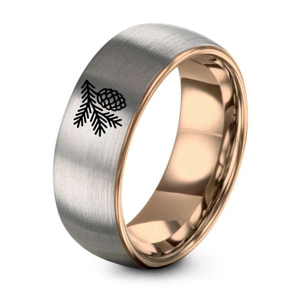 Spruce Cone – Tungsten Wedding Band, 8 mm, Silver, Rose Gold Comfort-Fit Unisex