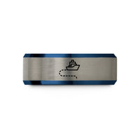 his hers wedding bands – blue & gray tungsten ship route dashes wedding band