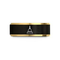 custom engraved rings – black & gold tungsten stupa wedding band