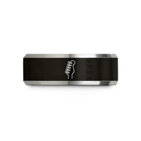 engraved ring for him – black & gray tungsten headstock wedding band