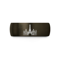 engraved tungsten ring him – gunmetal & blue tungsten paris skyline wedding band