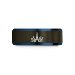 engraved tungsten ring him – gunmetal & blue tungsten paris skyline wedding band