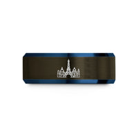 engraved tungsten ring him – gunmetal & blue tungsten paris skyline wedding band