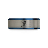 engraved tungsten rings couples – black & blue & silver tungsten diver trail wedding band