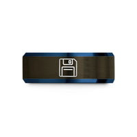 engraved rings for couples – gunmetal & blue tungsten floppy disk wedding band