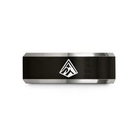 engraved rings for couples – black & gray tungsten summit peak wedding band