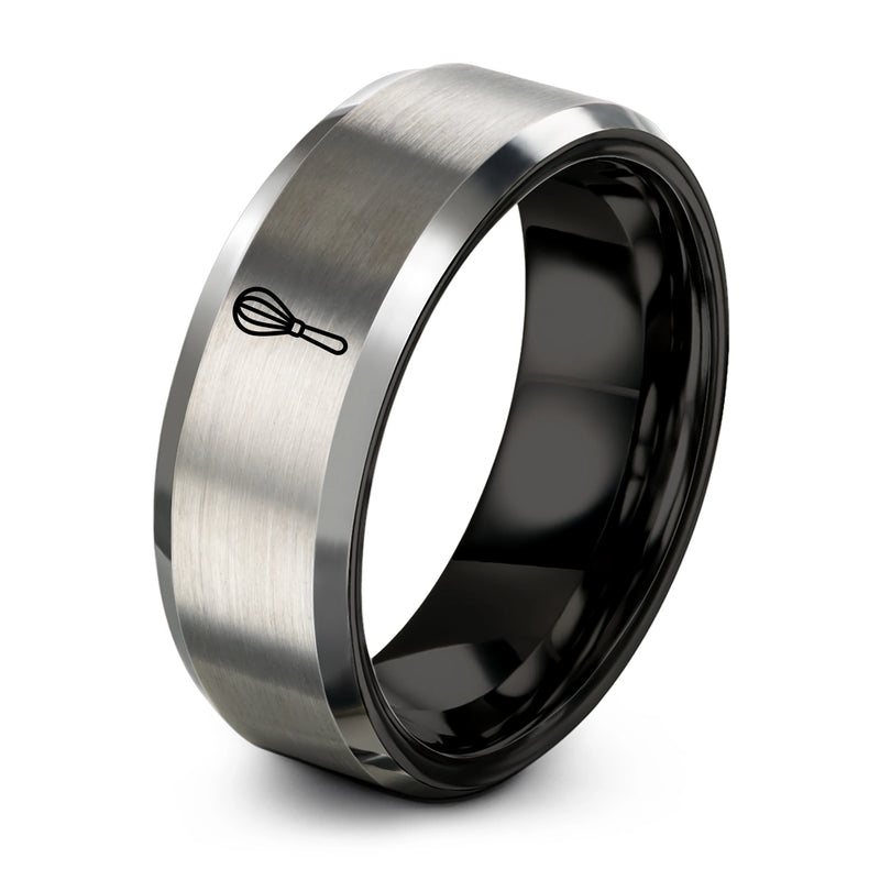 Whisk – Tungsten Wedding Band, 8 mm, Black, Grey Comfort-Fit Unisex