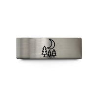 engraved ring for couples – gray tungsten forest moon wedding band