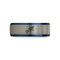 engraved tungsten promise ring – black & blue & grey tungsten scuba diver swimming wedding band