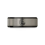 tungsten ring for couples – black & blue & grey tungsten treeline moon wedding band