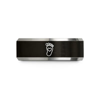 engraved tungsten promise rings – black & silver tungsten footprint heart wedding band