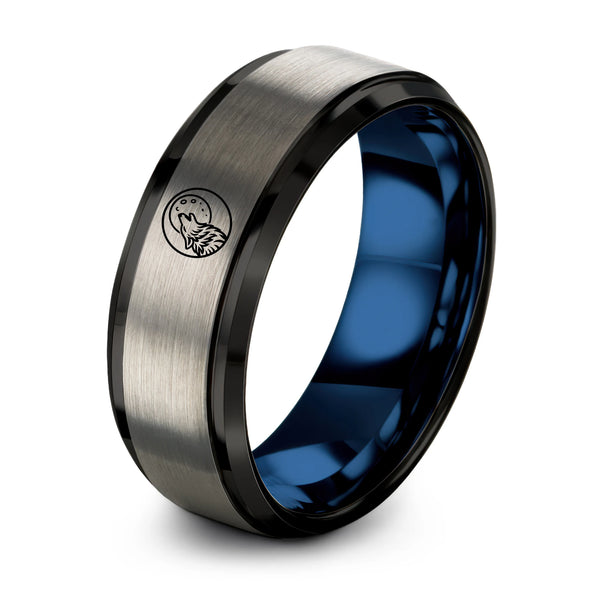 Howling Moon – Tungsten Wedding Band, 8 mm, Black, Grey Comfort-Fit Unisex