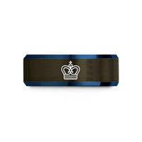 wedding rings for men – gunmetal & blue tungsten postage crown mark wedding band