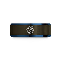 engraved bands for partners – gunmetal & blue tungsten amoeba wedding band