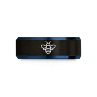 engraved tungsten rings men – black & blue tungsten bee wedding band