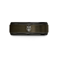 engraved tungsten couple rings – gunmetal & black tungsten crowned crest wedding band