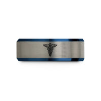 tungsten rings for couples – black & blue & gray tungsten caduceus wedding band