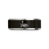 men's bevel edge band – black & gray tungsten fish skeleton hook wedding band