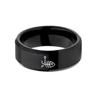 grey men's comfort ring – black tungsten fish skeleton hook wedding band