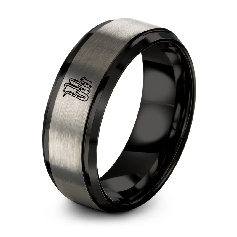 Big Band Sax – Tungsten Wedding Band, 8 mm, Silver, Black Comfort-Fit Unisex