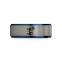 unisex engagement ring band – black & blue & silver tungsten dart bullseye wedding band