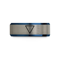 engraved tungsten wedding band – black & blue & grey tungsten water triangle wedding band