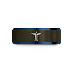 engraved blue tungsten ring – gunmetal & blue tungsten christ the redeemer wedding band