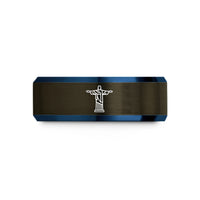 engraved blue tungsten ring – gunmetal & blue tungsten christ the redeemer wedding band