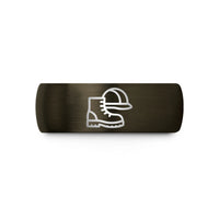 engraved tungsten band him – gunmetal & black tungsten boots helmet wedding band