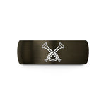 engraved ring for couples – gunmetal & black tungsten crossed bugles 1 wedding band