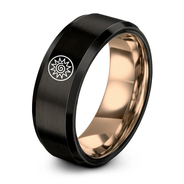 Spiral Sun Circle – Tungsten Wedding Band, 8 mm, Black, Rose Gold Comfort-Fit Unisex