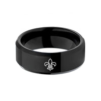 matte finish men's ring – black tungsten fleur de lis emblem wedding band
