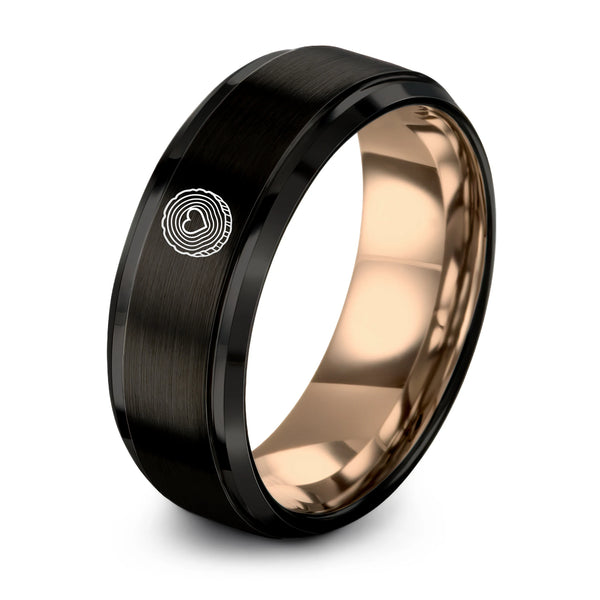 Tree Stump – Tungsten Wedding Band, 8 mm, Black, Rose Gold Comfort-Fit Unisex