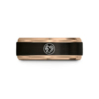 unisex tungsten wedding band – black & rose gold tungsten bass heart wedding band