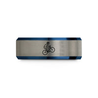engraved tungsten ring her – black & blue & silver tungsten wheelie cyclist wedding band