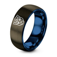 Tungsten Rings for Women BLUE GREY – gunmetal & blue tungsten transformer symbol ring